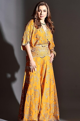 Orange Crepe Hand Embroidered Panelled Sharara Set by Nupur Kanoi