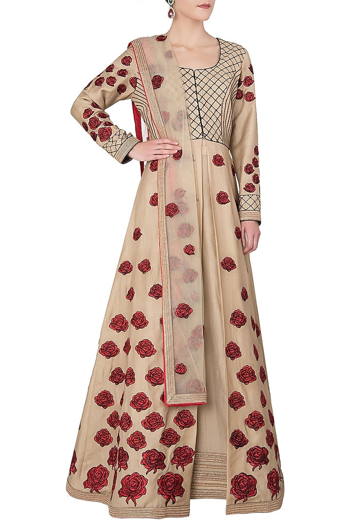 Beige embroidered anarkali set available only at Pernia's Pop Up Shop.