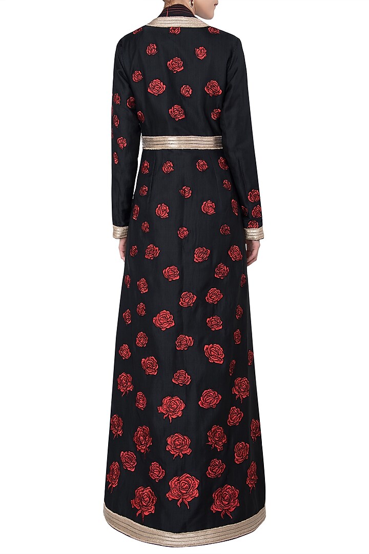 Black rose patchwork embroidered anarkali set available only at Pernia's Pop Up Shop.