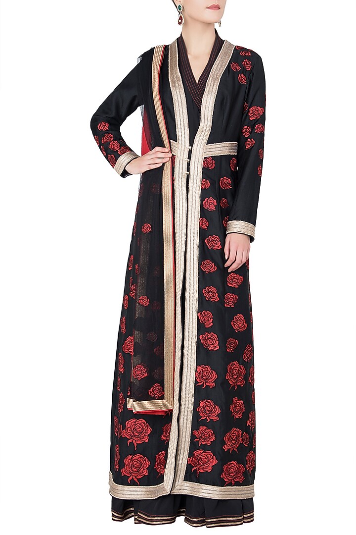 Black rose patchwork embroidered anarkali set available only at Pernia's Pop Up Shop.