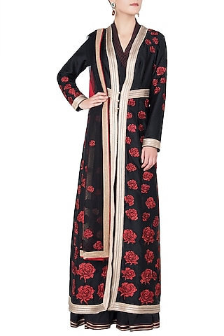 Black Rose Patchwork Embroidered Anarkali Set by Neeta Lulla