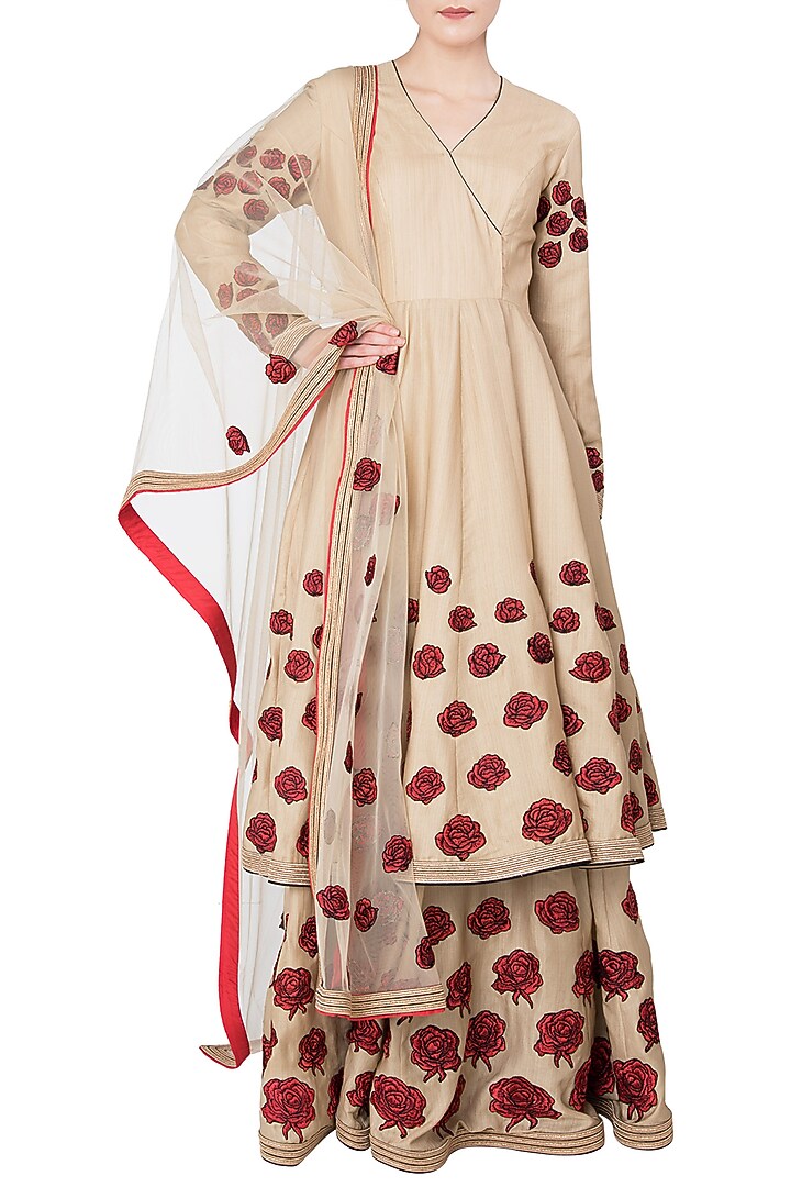 Beige rose patchwork embroidered short anarkali set available only at Pernia's Pop Up Shop.