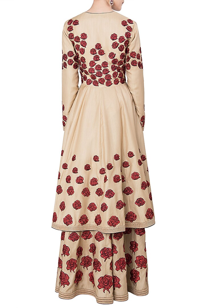 Beige rose patchwork embroidered short anarkali set available only at Pernia's Pop Up Shop.
