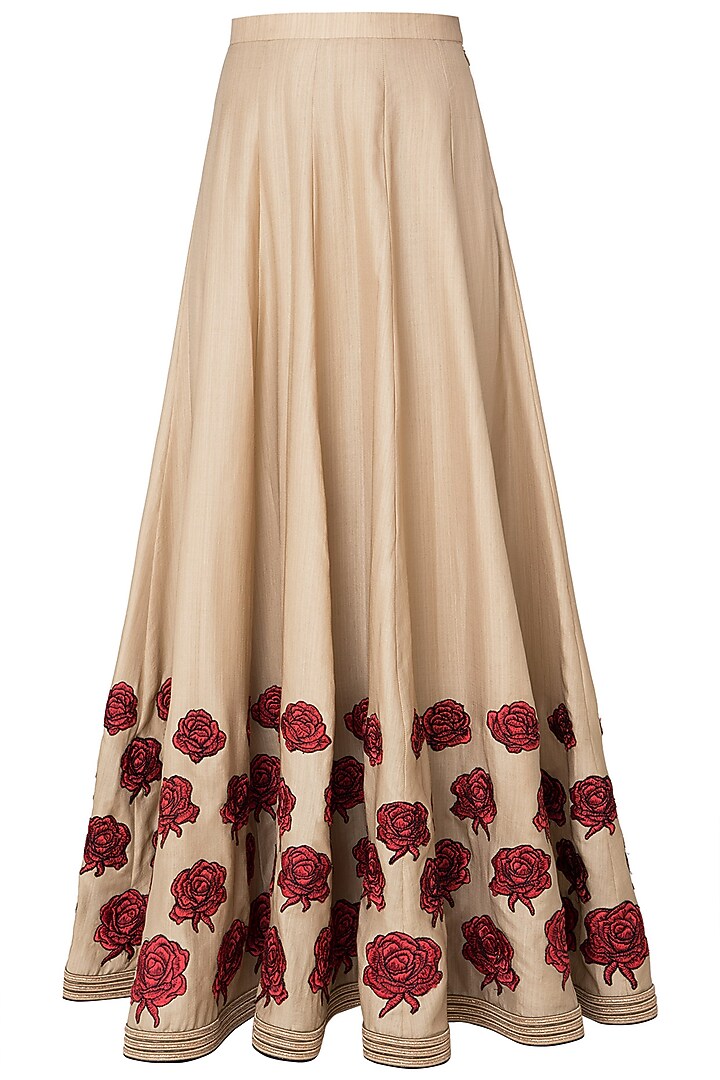 Beige rose patchwork embroidered short anarkali set available only at Pernia's Pop Up Shop.