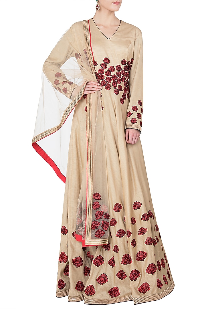 Beige rose patchwork embroidered anarkali set available only at Pernia's Pop Up Shop.