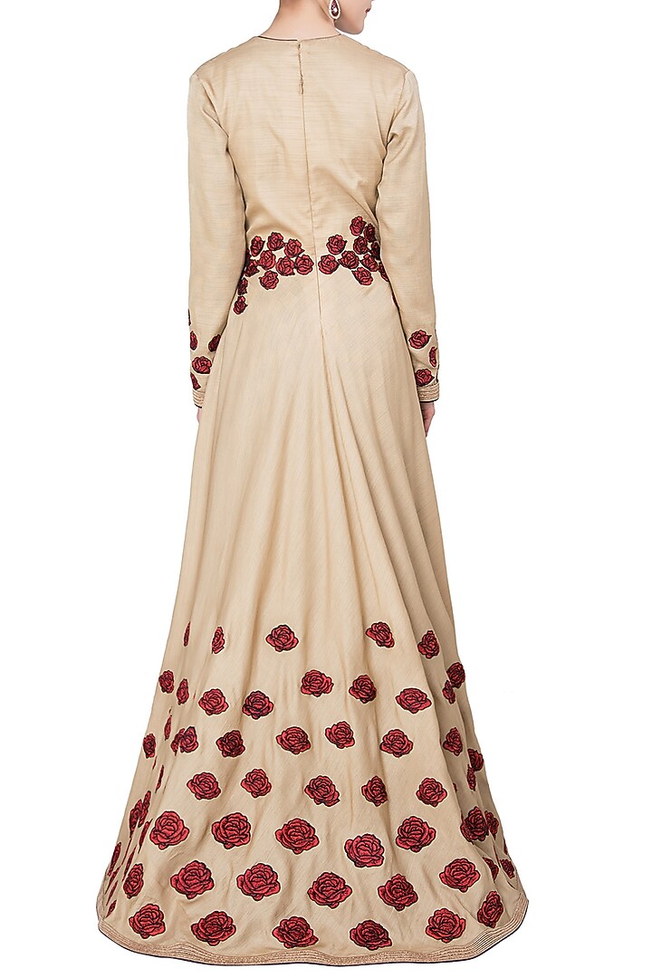 Beige rose patchwork embroidered anarkali set available only at Pernia's Pop Up Shop.