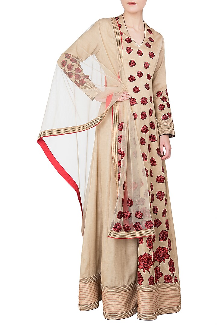 Beige red rose patchwork embroidered anarkali set available only at Pernia's Pop Up Shop.