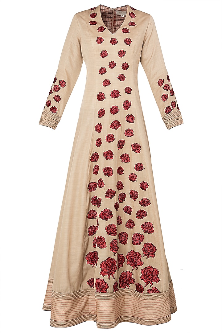 Beige Red Rose Patchwork Embroidered Anarkali Set by Neeta Lulla