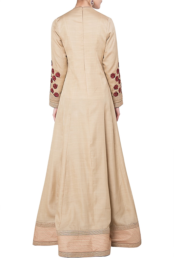 Beige red rose patchwork embroidered anarkali set available only at Pernia's Pop Up Shop.