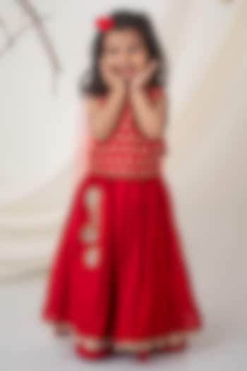 Red Muslin Silk Zari Lace Layered Lehenga Set For Girls by Label Neeti at Pernia's Pop Up Shop