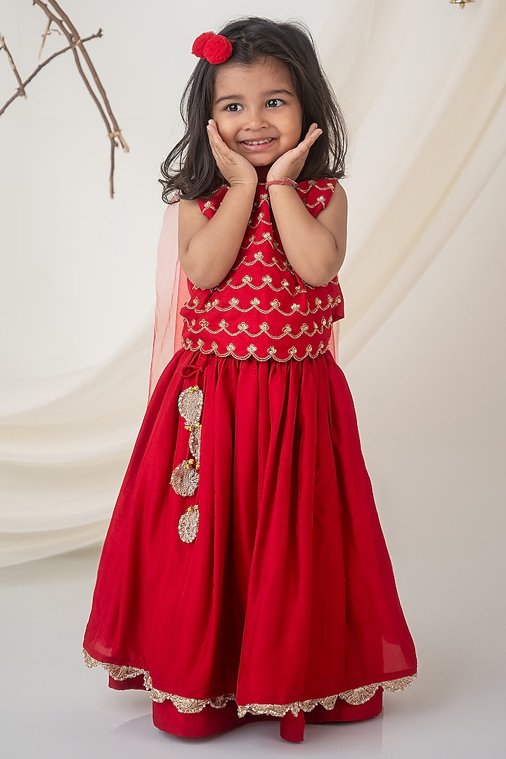 Red Muslin Silk Zari Lace Layered Lehenga Set For Girls by Label Neeti at Pernia's Pop Up Shop