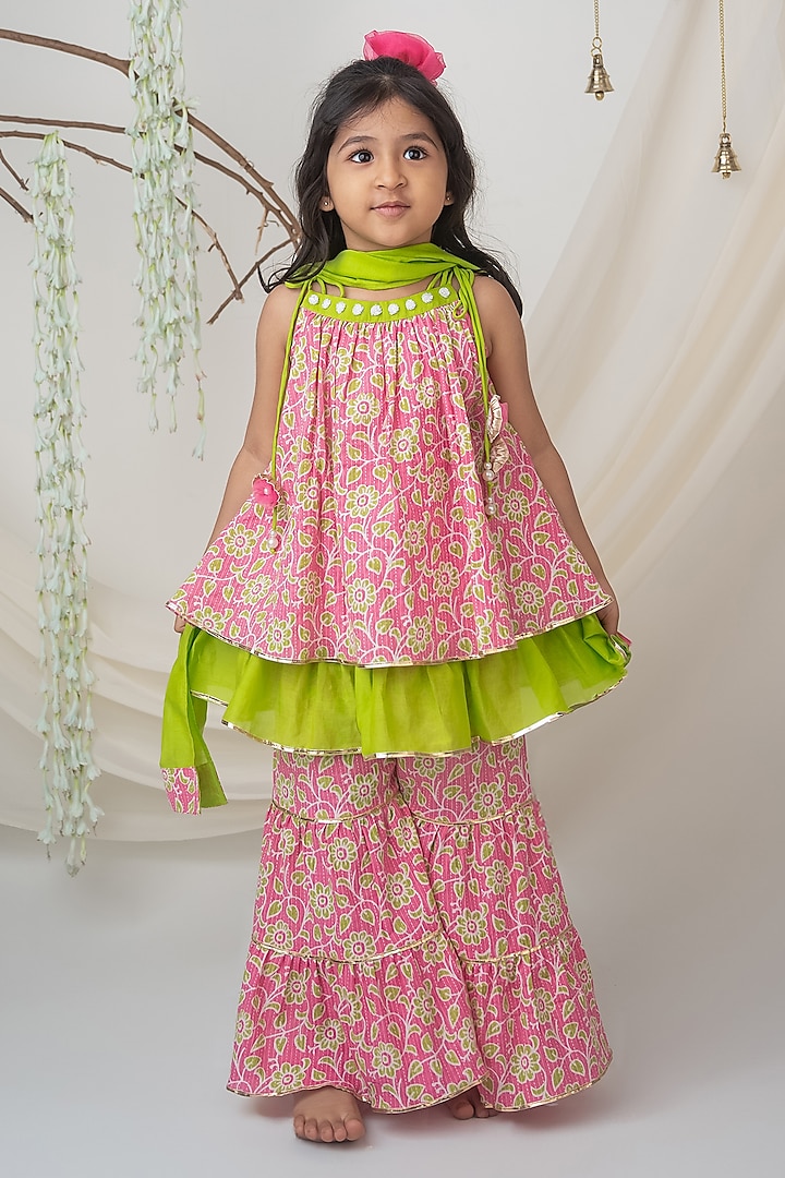 Pink Cotton Floral Printed Tiered Sharara Set by Label Neeti at Pernia's Pop Up Shop