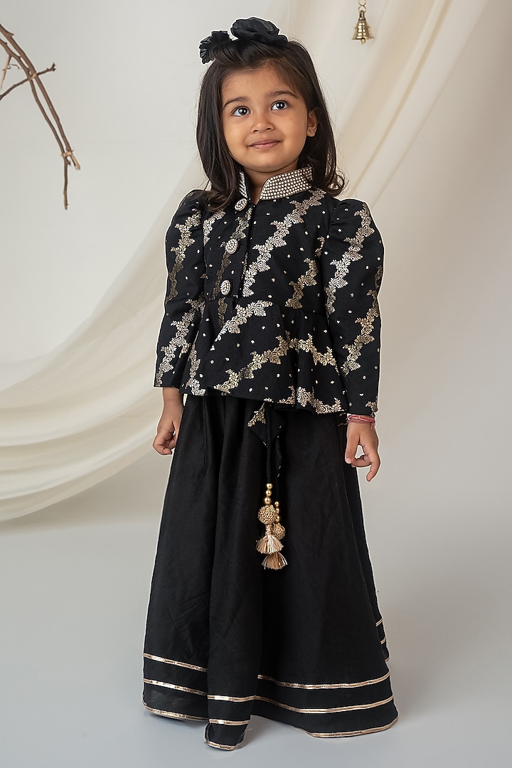 Royal Black Brocade Embroidered Lehenga Set For Girls by Label Neeti at Pernia's Pop Up Shop