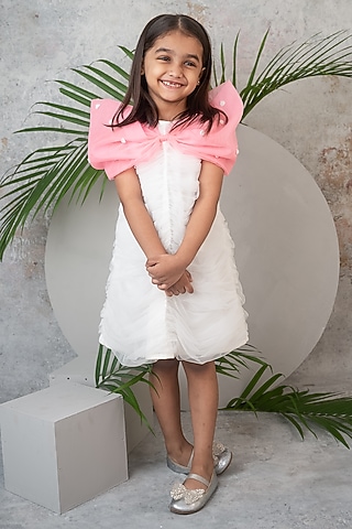 White Soft Net & Organza Bow Embellished Ruched Dress For Girls by Label Neeti