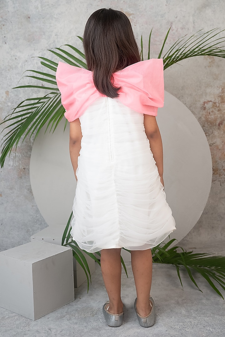 White Soft Net & Organza Bow Embellished Ruched Dress For Girls by Label Neeti at Pernia's Pop Up Shop