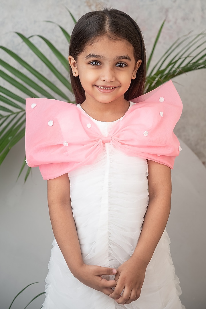 White Soft Net & Organza Bow Embellished Ruched Dress For Girls by Label Neeti at Pernia's Pop Up Shop