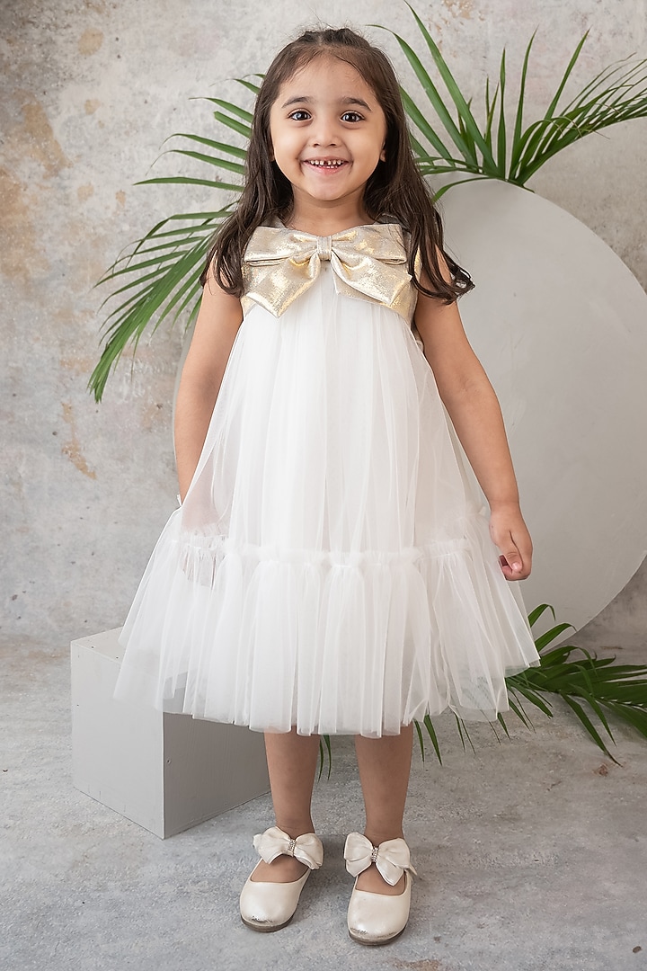 White Net & Lurex Bow Dress For Girls by Label Neeti at Pernia's Pop Up Shop