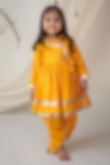 Mustard Yellow Dola Silk Dhoti Set For Girls by Label Neeti at Pernia's Pop Up Shop
