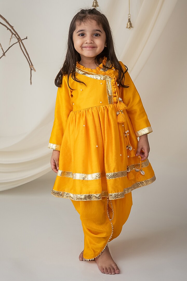 Mustard Yellow Dola Silk Dhoti Set For Girls by Label Neeti at Pernia's Pop Up Shop