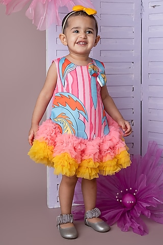 Multi-Colored Net Abstract Printed Dress For Girls by Label Neeti