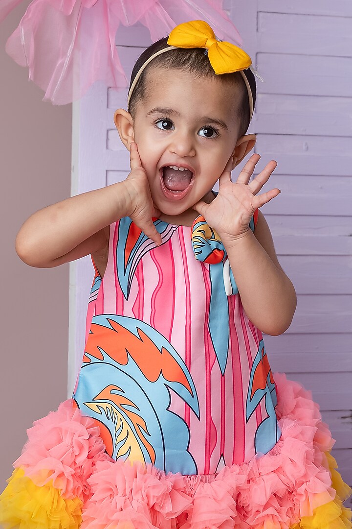 Multi-Colored Net Abstract Printed Dress For Girls by Label Neeti at Pernia's Pop Up Shop