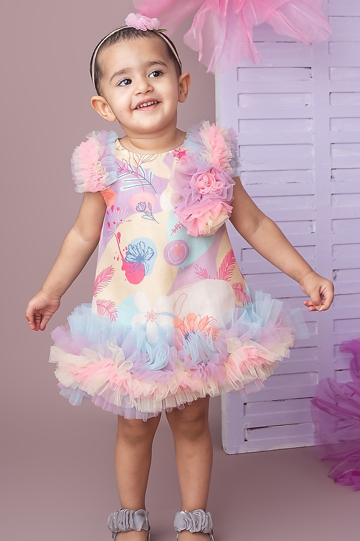 Multi-Colored Cotton Linen Floral Printed A-Line Dress For Girls by Label Neeti at Pernia's Pop Up Shop