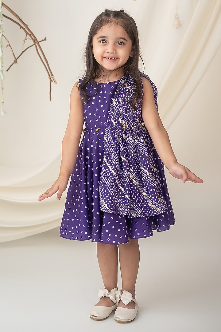 Purple Muslin Bandhani Printed Dress For Girls by Label Neeti at Pernia's Pop Up Shop