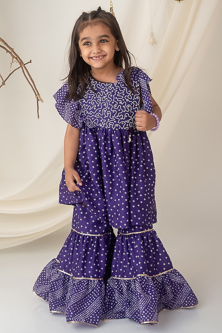 Purple Muslin Bandhani Printed Sharara Set For Girls by Label Neeti at Pernia's Pop Up Shop