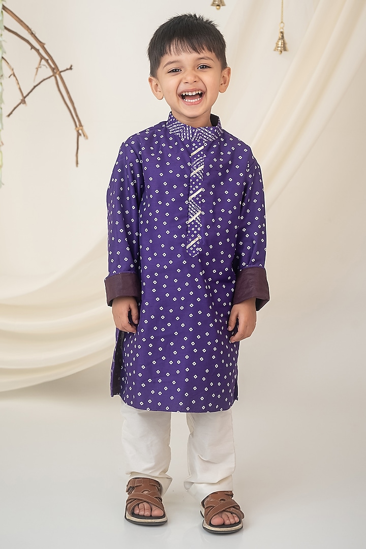 Purple Muslin Bandhani Printed Kurta For Boys by Label Neeti at Pernia's Pop Up Shop