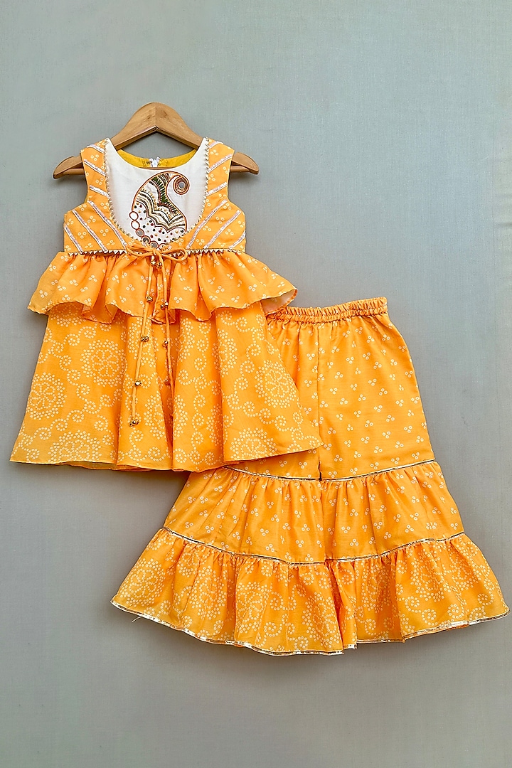 Yellow Muslin Ruffled Tiered Sharara Set For Girls by Label Neeti at Pernia's Pop Up Shop