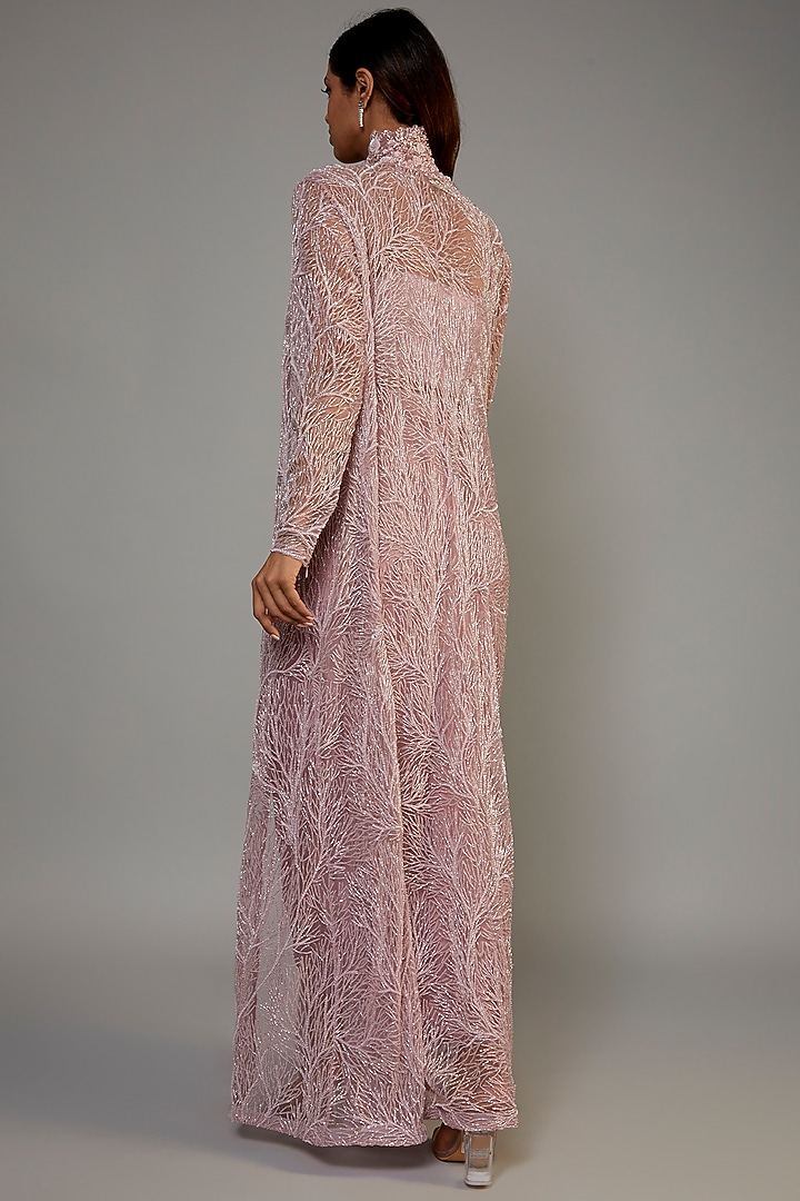 Powder Pink Pure Satin Bugle Beads Embroidered Jacket Set by COUTURE BY NIHARIKA at Pernia's Pop Up Shop