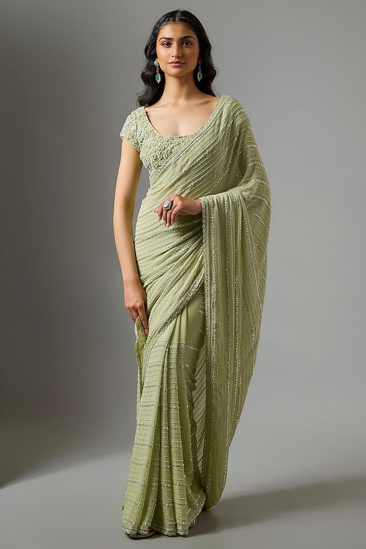 Mint Green Net & Viscose Embroidered Reception Saree Set by COUTURE BY NIHARIKA at Pernia's Pop Up Shop