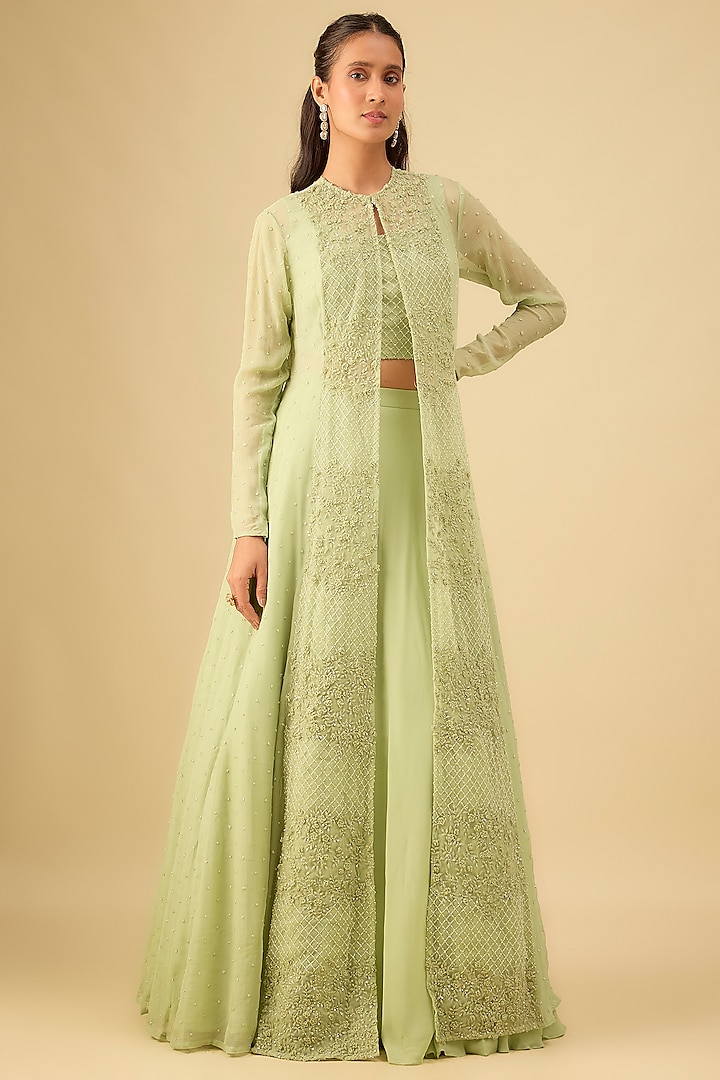 Mint Pure Chiffon Embroidered Jacket Set by COUTURE BY NIHARIKA at Pernia's Pop Up Shop