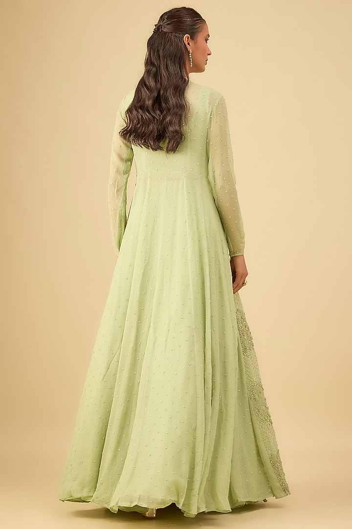 Mint Pure Chiffon Embroidered Jacket Set by COUTURE BY NIHARIKA at Pernia's Pop Up Shop