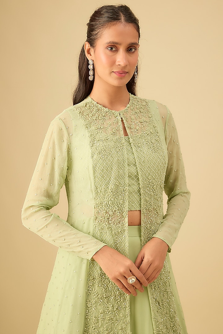 Mint Pure Chiffon Embroidered Jacket Set by COUTURE BY NIHARIKA at Pernia's Pop Up Shop