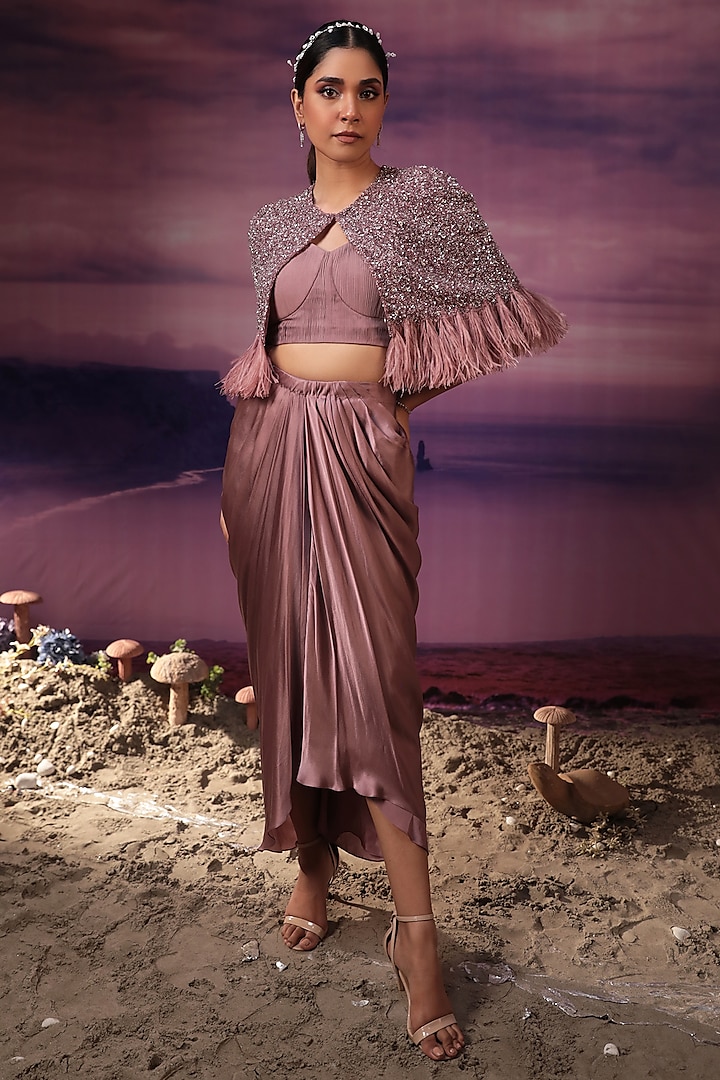 Dull Purple Draped Skirt Set With Embroidered Cape by COUTURE BY NIHARIKA at Pernia's Pop Up Shop