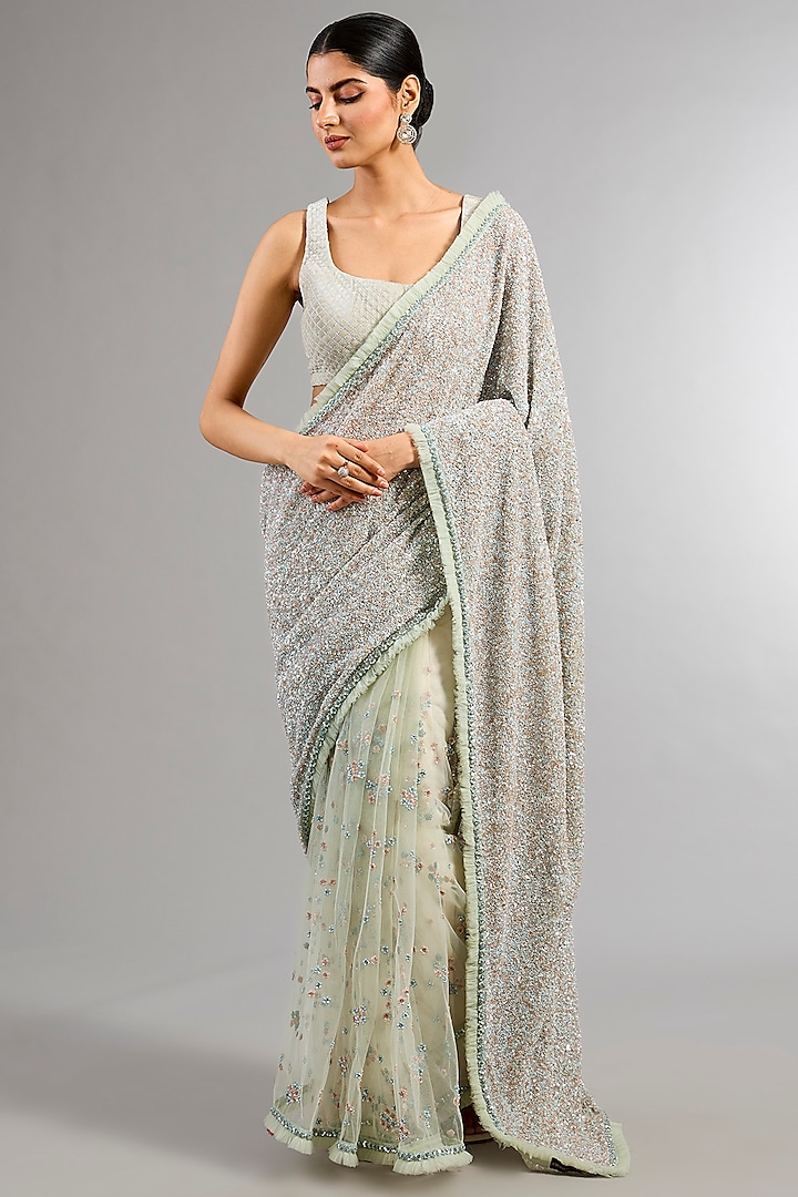 Powder Blue Georgette Sequins & Cutdana Embellished Reception Saree Set by COUTURE BY NIHARIKA at Pernia's Pop Up Shop