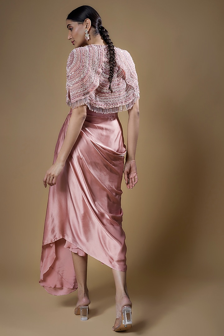 Blush Pink Organza Floral Motif Embroidered Cape Set by COUTURE BY NIHARIKA at Pernia's Pop Up Shop