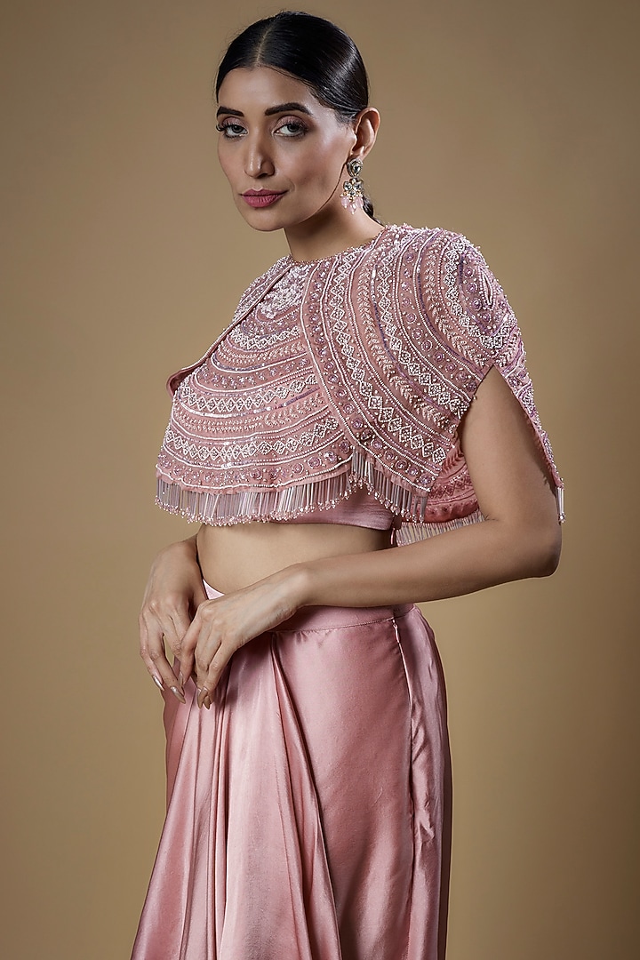 Blush Pink Organza Floral Motif Embroidered Cape Set by COUTURE BY NIHARIKA at Pernia's Pop Up Shop