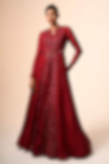 Red Organza Floral Cutwork Paneled Jacket Set by COUTURE BY NIHARIKA at Pernia's Pop Up Shop