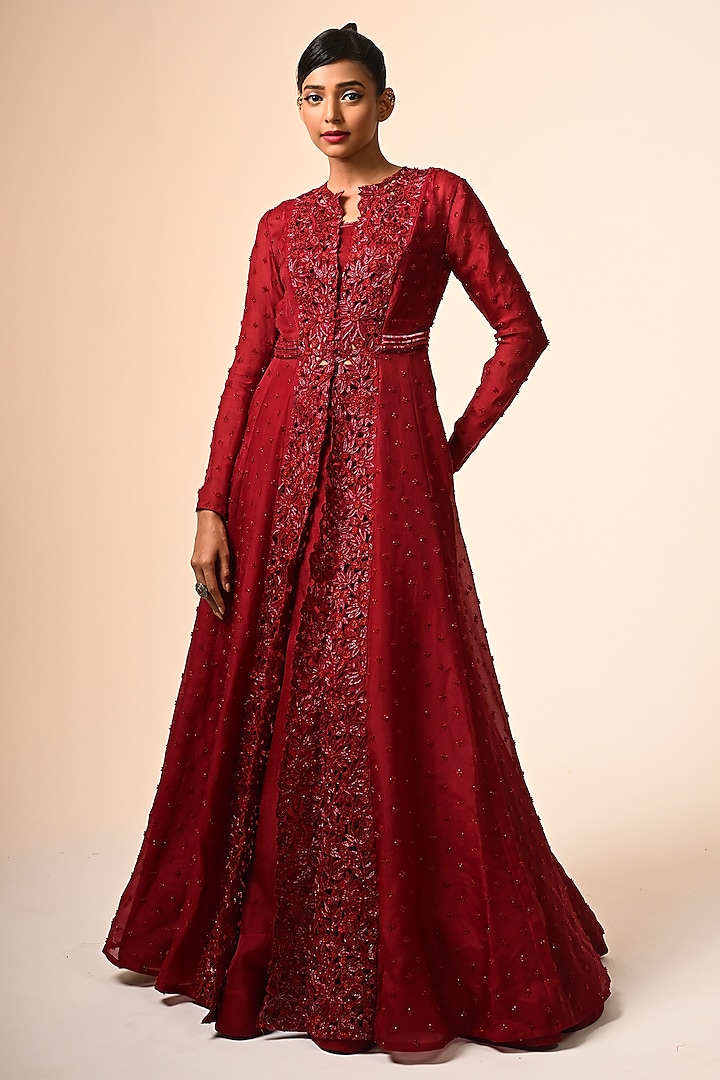 Red Organza Floral Cutwork Paneled Jacket Set by COUTURE BY NIHARIKA at Pernia's Pop Up Shop