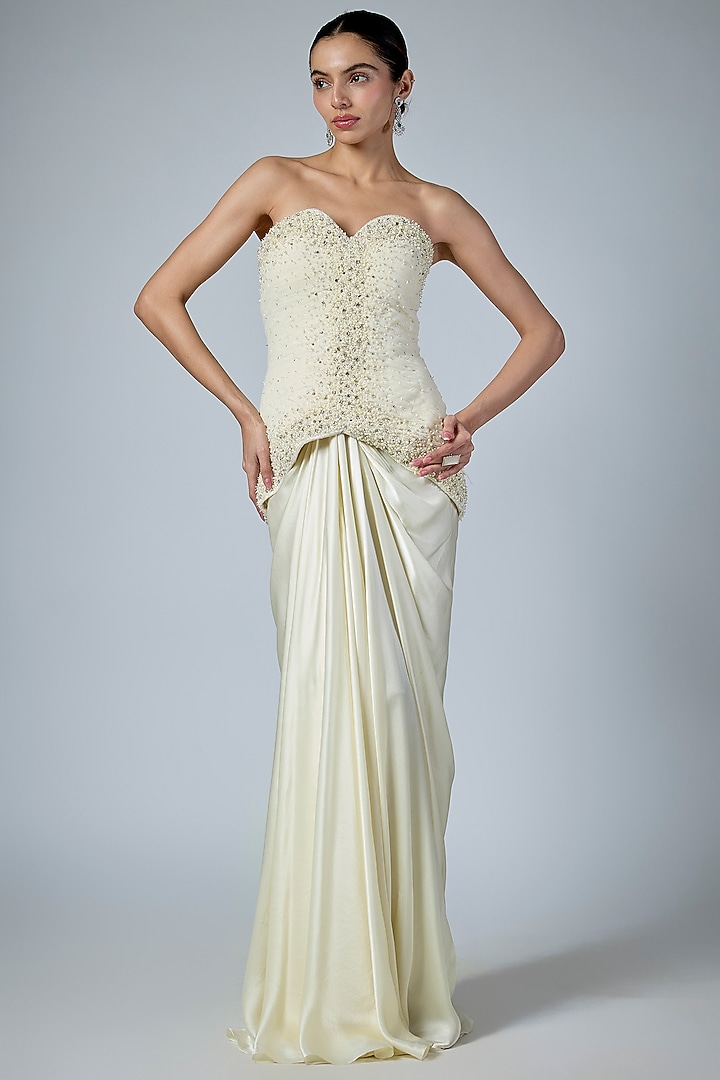 Ivory Pure Satin Draped Skirt Set by COUTURE BY NIHARIKA at Pernia's Pop Up Shop