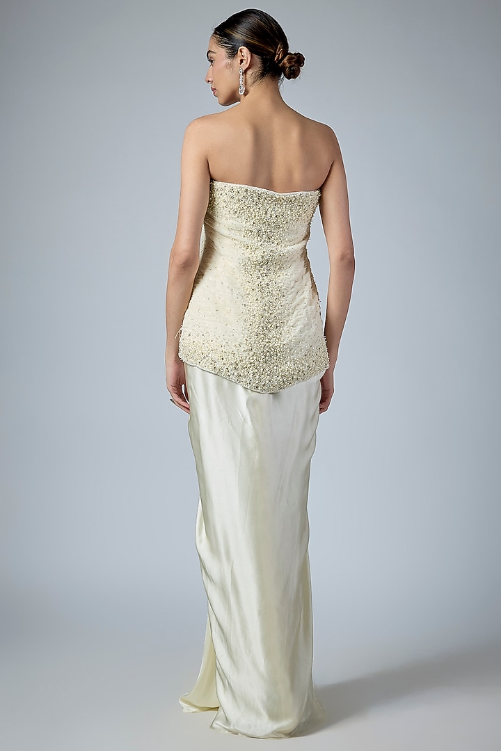 Ivory Pure Satin Draped Skirt Set by COUTURE BY NIHARIKA at Pernia's Pop Up Shop