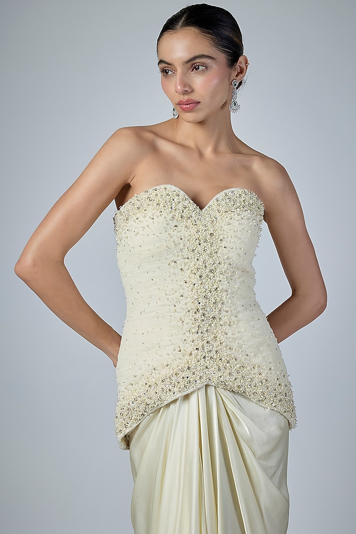 Ivory Pure Satin Draped Skirt Set by COUTURE BY NIHARIKA at Pernia's Pop Up Shop