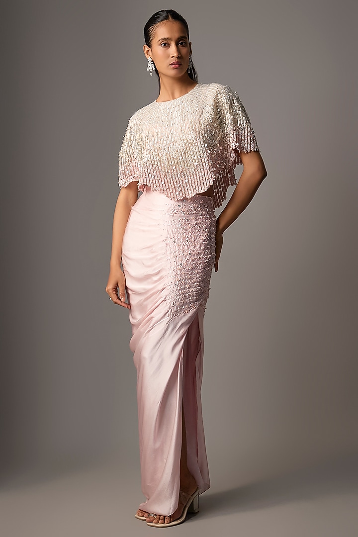 Powder Blue Pure Satin Hand Embroidered Cape Set by COUTURE BY NIHARIKA at Pernia's Pop Up Shop