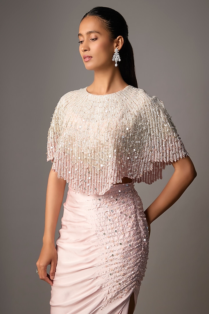 Powder Blue Pure Satin Hand Embroidered Cape Set by COUTURE BY NIHARIKA at Pernia's Pop Up Shop