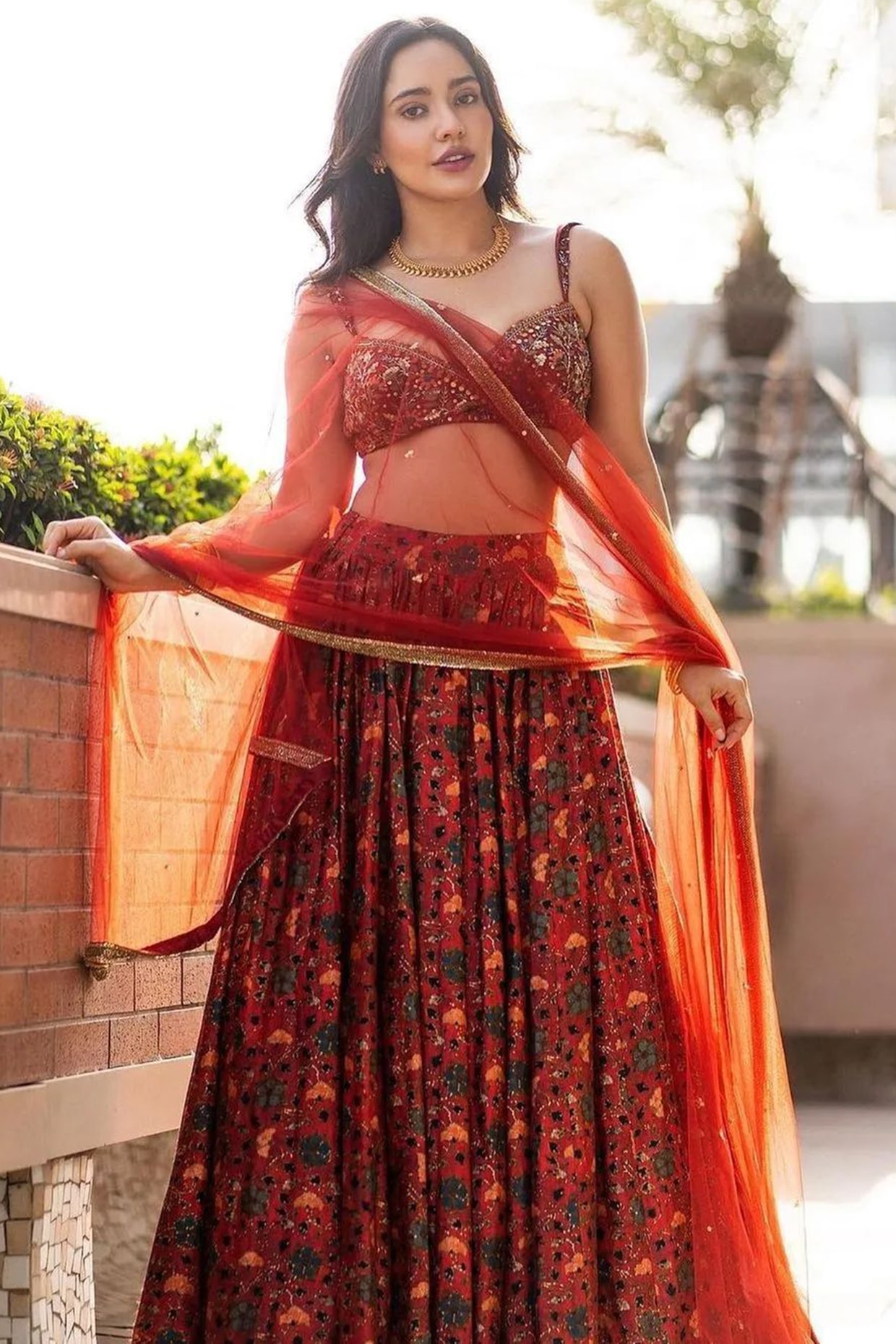 Red Nakhsa Printed Lehenga Set