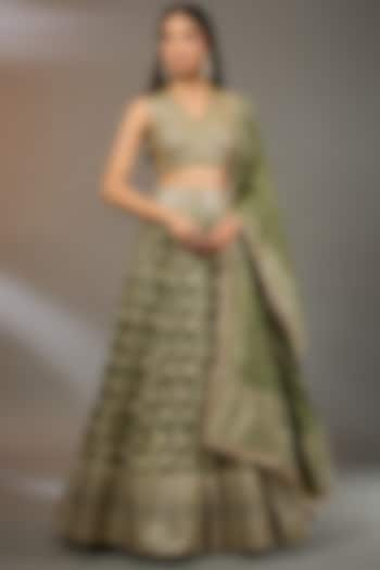 Green Pure Banarasi Hand Embroidered Wedding Lehenga Set by Neha Mehta Couture at Pernia's Pop Up Shop