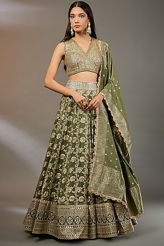 Green Pure Banarasi Hand Embroidered Lehenga Set by Neha Mehta Couture