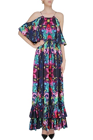 Deep Blue Digital Printed Cold Shoulder Gown by Neha Taneja